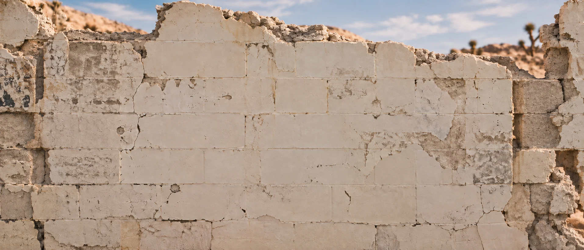 A weathered off-white cinderblock wall standing in the desert, broken along its top edge